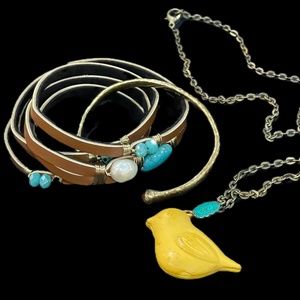 Bird Necklace with Antique Gold Lucky Brand Bangle and Turquoise Wrap Bracelet